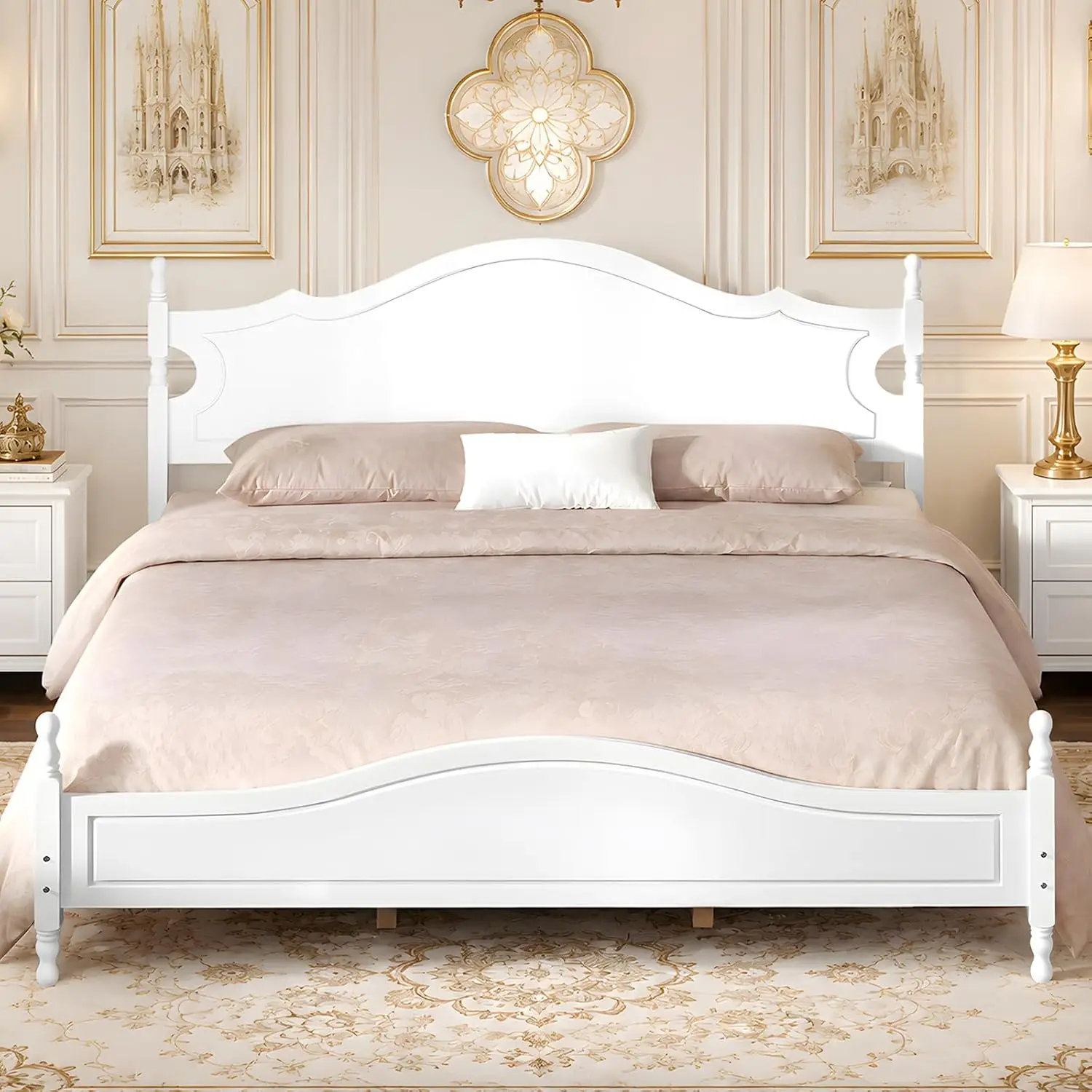 King Wood Bed Frame Vintage Gothic Headboard Platform Slat Support Bedroom Guest Room Easy Assembly, Customized
