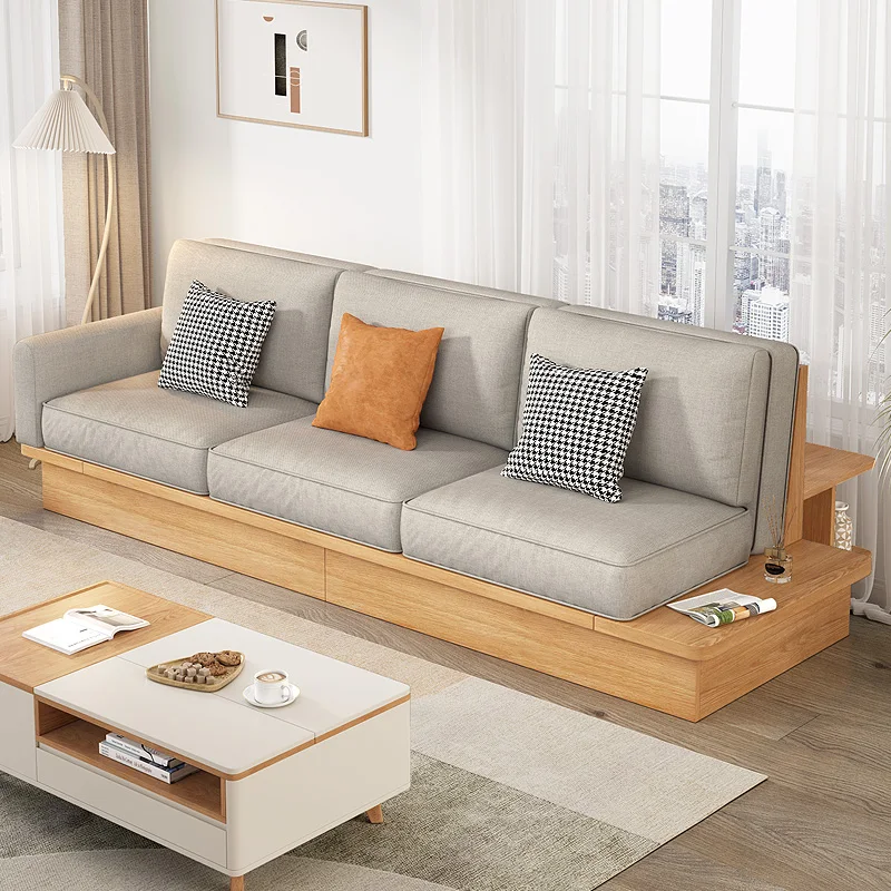 

Sofa Modern Living Room Log Style Furniture Soft Bag Backrest Storage Double Three-Seat Solid Wood Sofa Combination