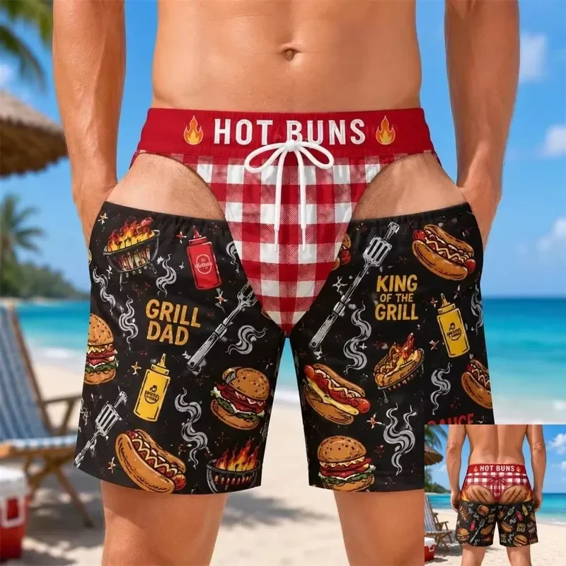2026 Men's Funny Swimming Trunks Beach Party BBQ Construction Site Style Shorts Summer Fashion Gift for Boyfriend Husband