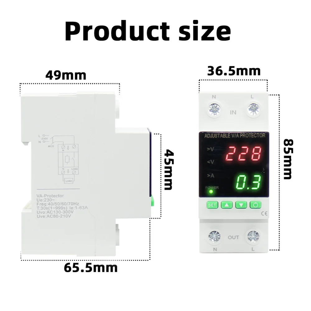 AC 30V 50/60Hz 40A 63A LED Digital Energy Meter DIN Rail Voltmeter Ammeter Over-Under-Volt-Current Protection Automatic Recovery