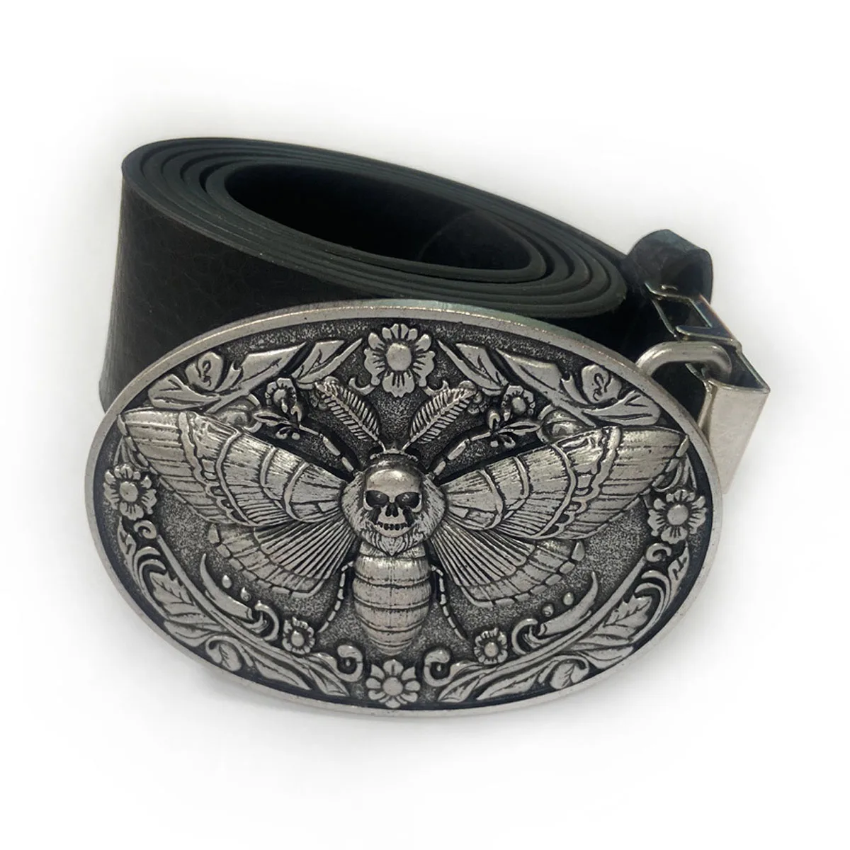 Men Vintage Belt Buckle, Antique Silver Floral Skull Moth Engraved Metal Western Punk Fashion Accessories Dropshipping view 3