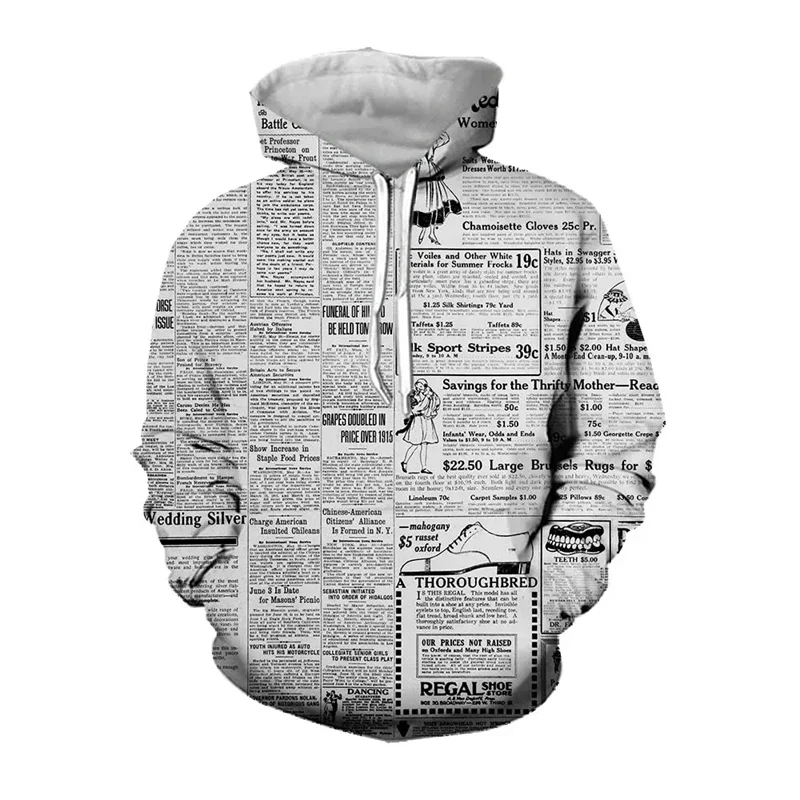 

3D Printed Vintage Old Newspaper Hoodies For Men Clothing Fashion Casual Design Pullovers Streetwear Women Tracksuit Sweatshirts