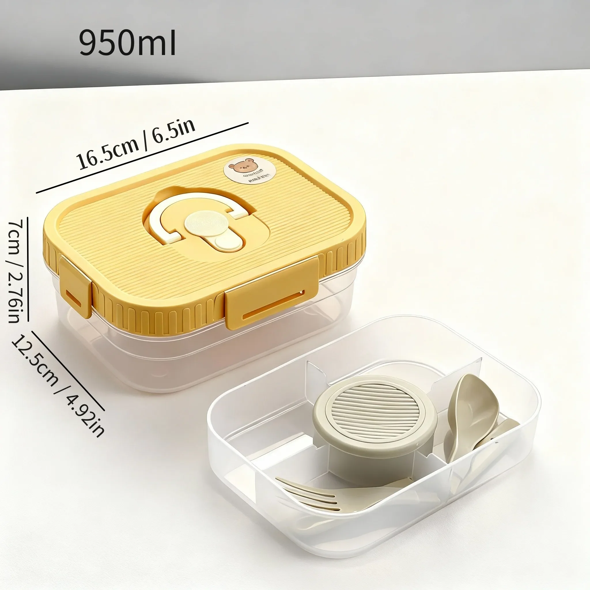 Draagbare, dubbele lunchbox van kunststof met vakken, inclusief sausbakje en bestek, groot volume, geschikt voor fruit, salades en andere voedingsmiddelen, en magnetronbestendig.