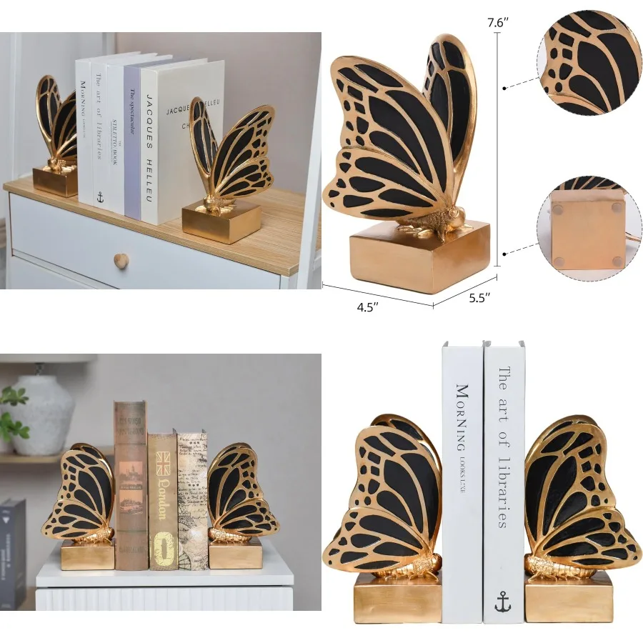 

Vintage Gold Butterfly Bookends Resin Book Ends for Shelves Heavy Duty Decorative Bookends with Creative Design to Hold Books S