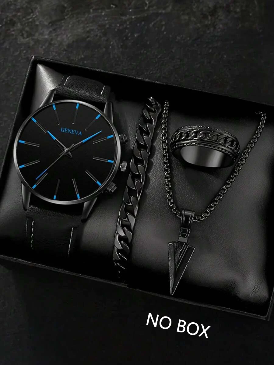 Men's Ultra-Thin PU Leather Quartz Watch Necklace Bracelet Ring Set Festive Gift Idea Box Not Included
