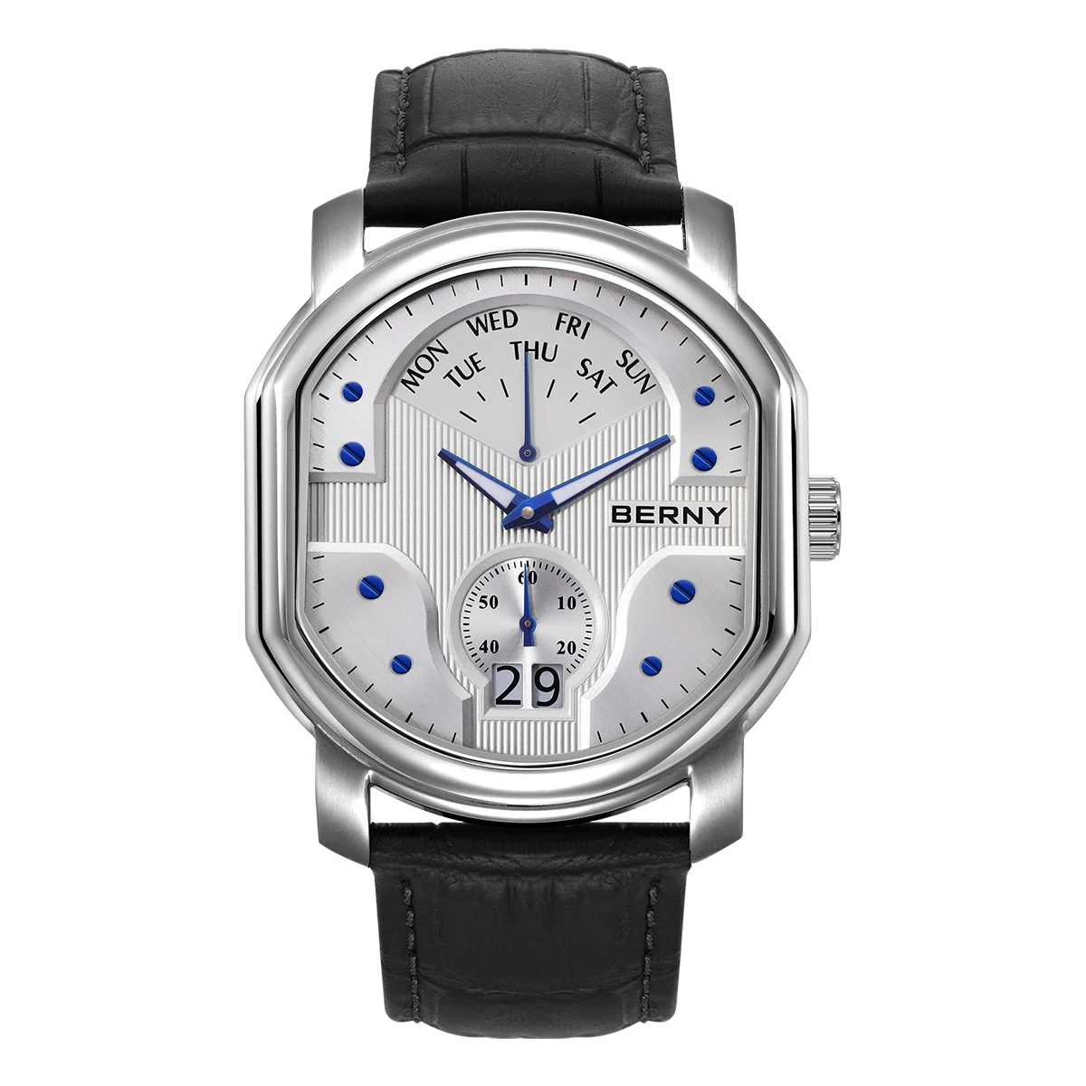 BERNY Herren-Quarz-Armbanduhr, luxuriöse Day-Top-Schweizer Ronda 7004N-Uhr, Edelstahl, Sport-Saphir-Tonneau, klassische Uhr für Herren