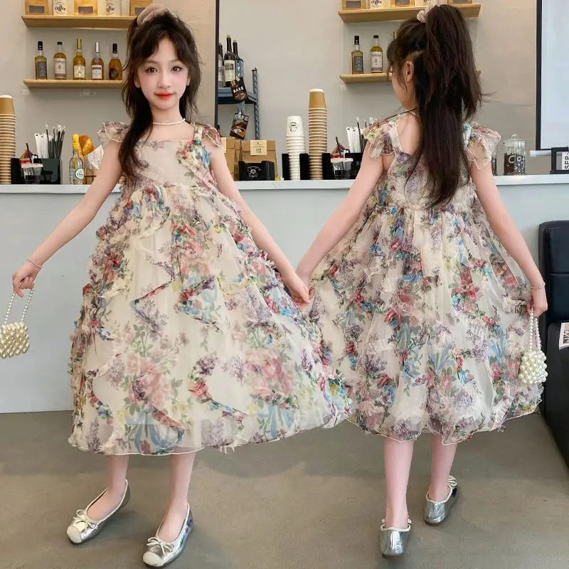 Girls Summer Dress 2024 New Fashionable Floral Lace Pleated Princess Dress for Older Childrens Birthday Party Dress