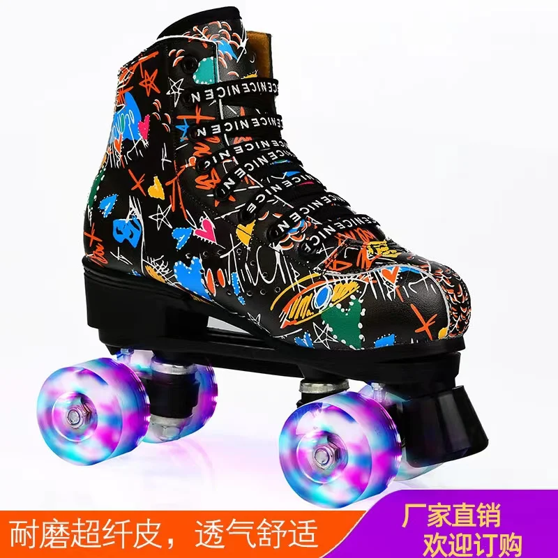 Graffiti Microfiber Roller Skates Shoes for Adult, Double Row, 4-Wheel, Flash Wheel, 2 Line, Quad Skating Sneakers, New