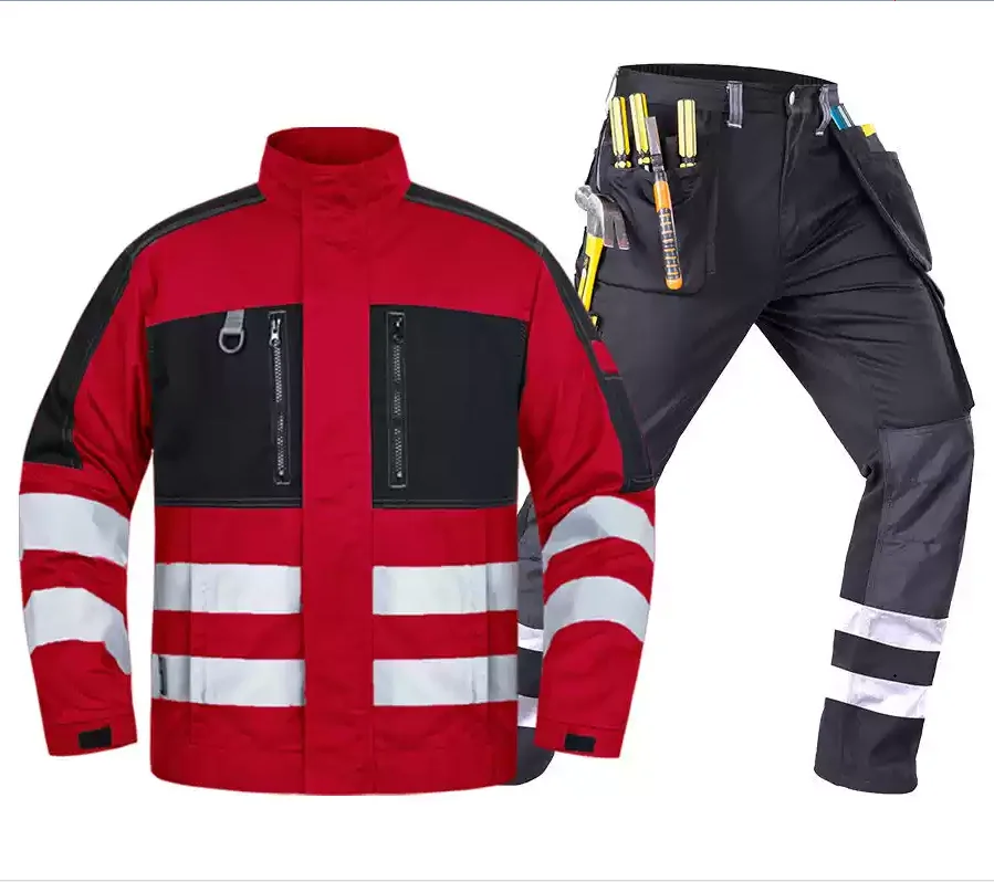 

Wear-resistant Outdoor Work Sets Men‘s Hi vis Red safety Reflective Strip Suits Multiple Pockets Jacket and cargo pants Mechanic