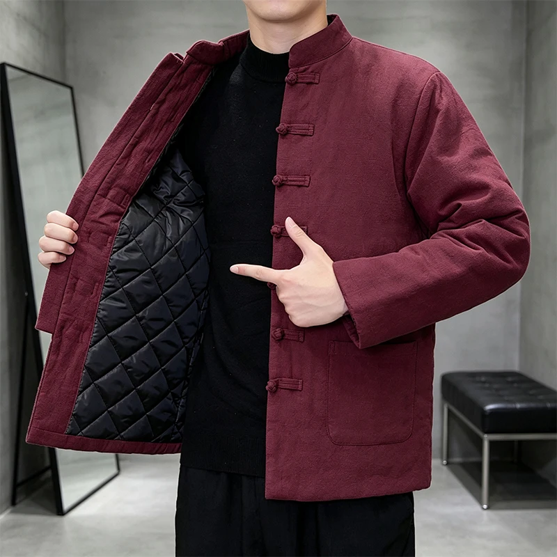 Chinese Style Tang Suit Men Cotton Padded Jacket Winter Thickened Coat Vintage Frog Buttons Hanfu Parkas Outerwear