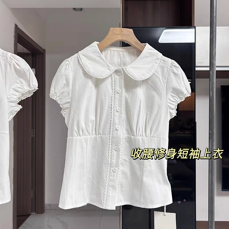 

White Cotton Collar Shirt Women's Summer Lace Lace Short Sleeved Shirt Waist Cinching Slim Fit Short Top