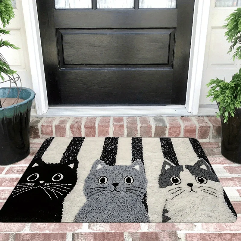 VIKAMA Minimalist Black-and-White Striped Kitten Rug, Non-Slip Indoor/Outdoor Entryway Mat, Bathroom Door Mat, Home Decor