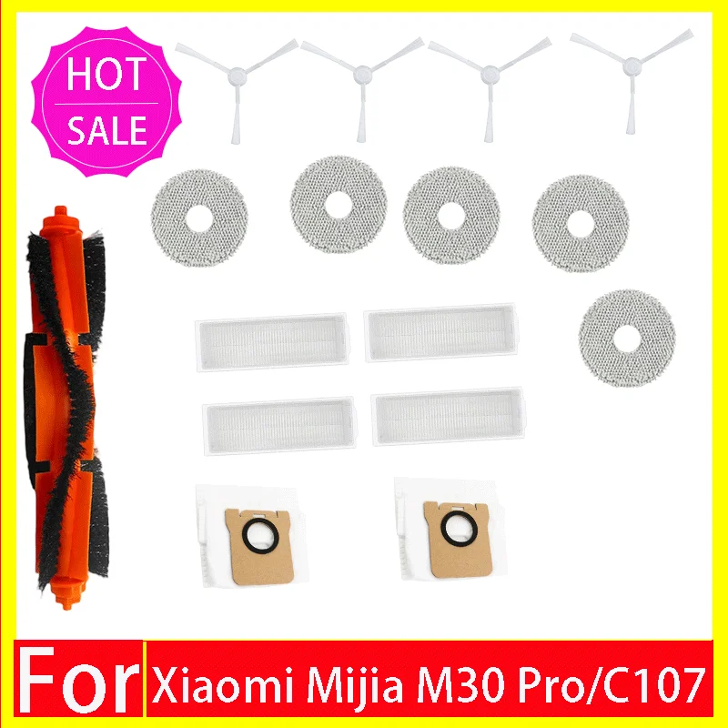 Accessoires voor de Xiaomi Mijia M30 Pro C107: vervangende borstel, zijborstel, HEPA-filter, dweilpad, stofzak, dweilhouder en reserveonderdelen.