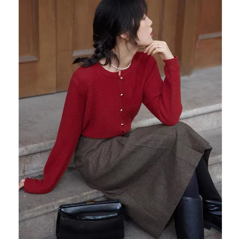 Retro knitted cashmere cardigan women autumn and winter round collar pullover bottom sweater jacket loose show thin wool coat