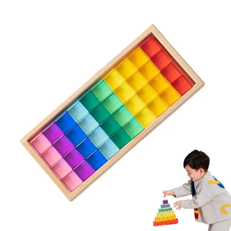 Acrylic Rainbow Cubes Montessori Stacking Toy Children Educational Sensory Toy Educational Sensory Training Crystal Toys 40Pcs