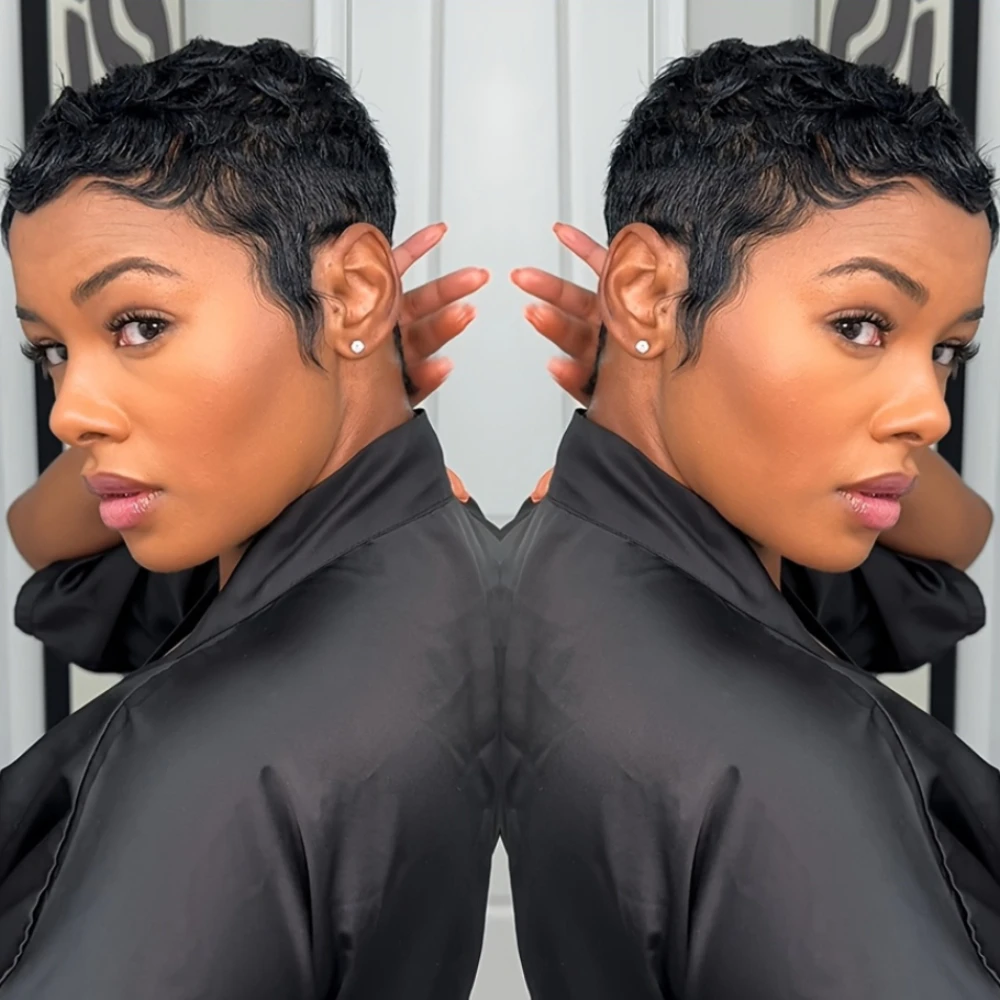 Pixie Cut Curly Wave Human Hair Wig for Women Full Machine Made Wig for Daily Wear and Party 150% Density 4Inch
