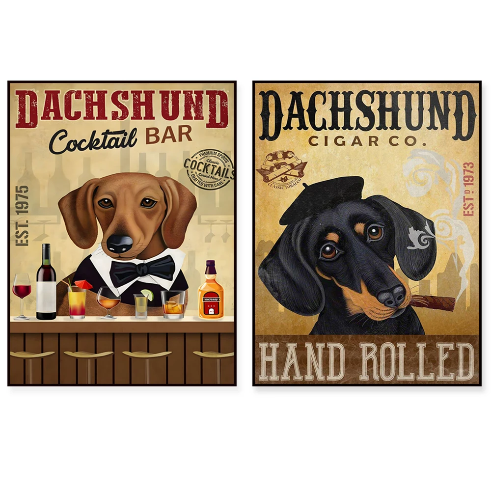 Dachshund cocktail bar with wine, dachshund cigar art, coffee posters, and interesting dog-themed wall decorations.