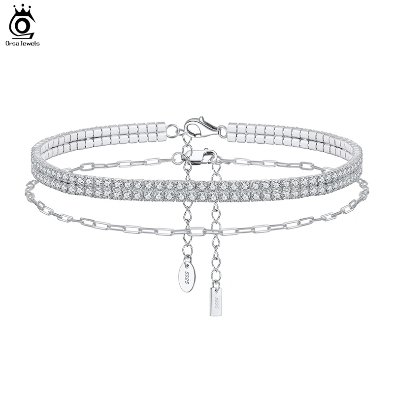 

ORSA JEWELS 925 Sterling Silver Paper Clip&2mm 2 Rows Tennis Chain Anklet for Women Foot Bracelet Ankle Straps Jewelry SSA02