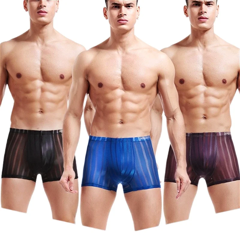 Sexy Boxers Striped Men U Pouch Transparent Thin Summer Mens Underwear Seamless Ice Silk Breathable Men's Flat Panties Mid Waist