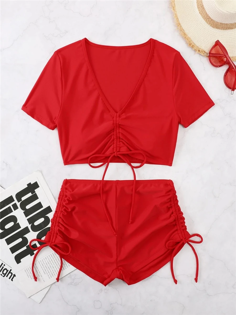 Drawstring Swimsuit 2023 Women Solid Swimwear Lady Crop Top Shorts Summer Sport Beachwear Female Bathers Bathing Swimming Sets