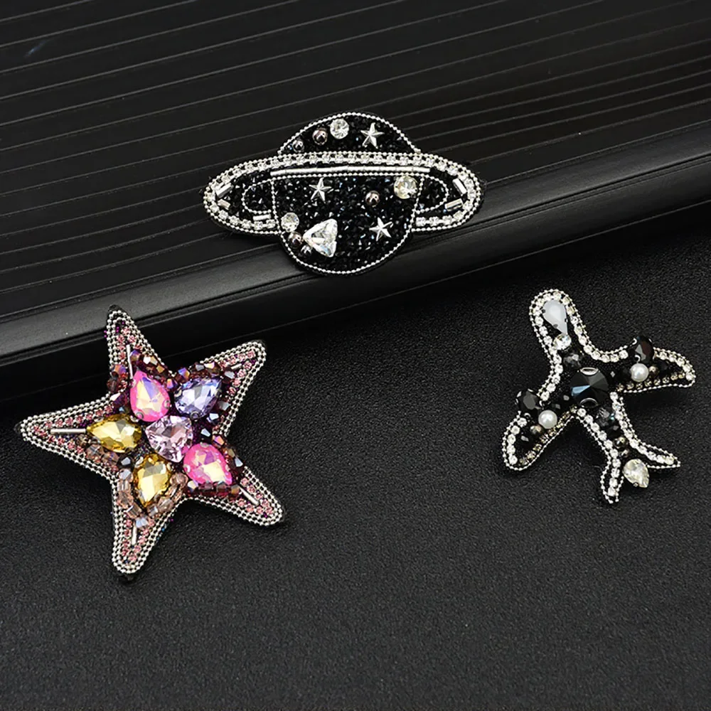 Handmade 3D Beaded Rhinestones Star Space Plane Design Patches Sew on Airplane Patches Clothes Bags Decoration DIY Applique