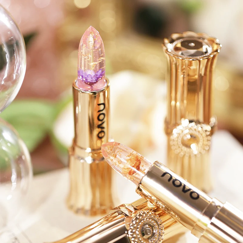 Crystal Jelly Lip Balm Lipstick Flower Temperature Color Changing Lip Balm Transparent Long Lasting Moisturizer Gold Foil