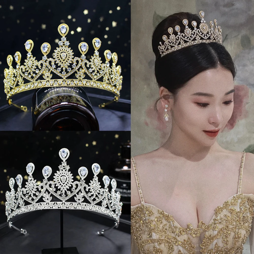 Luxury Retro Bride Crown Tiara High-End Zircon Rhinestones Princess Dress Hair Accessory for Stage Wedding Party Birthday
