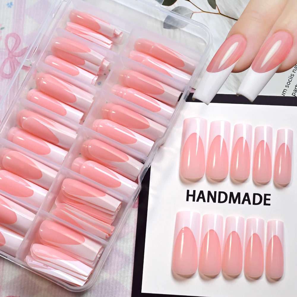 120Pcs Glossy Pink French Press On Nails 12-Sizes Long Square Fake Nails White Edge Design Full Cover False French Nails Tips T