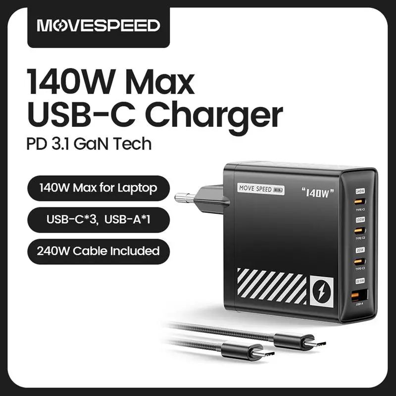 Top! 140W USB-C Charger PD3.1 High Speed Fast Charging 4 Ports GaN Charger for MacBook Pro Air Surface Lenovo Dell Laptops