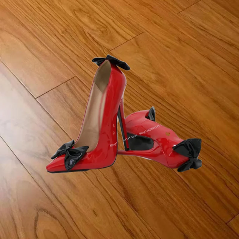 Laço vermelho nó deslizamento em bombas de couro patente fino salto alto moda sexy rasa verão tamanho grande mulher sapatos zapatillas mujer