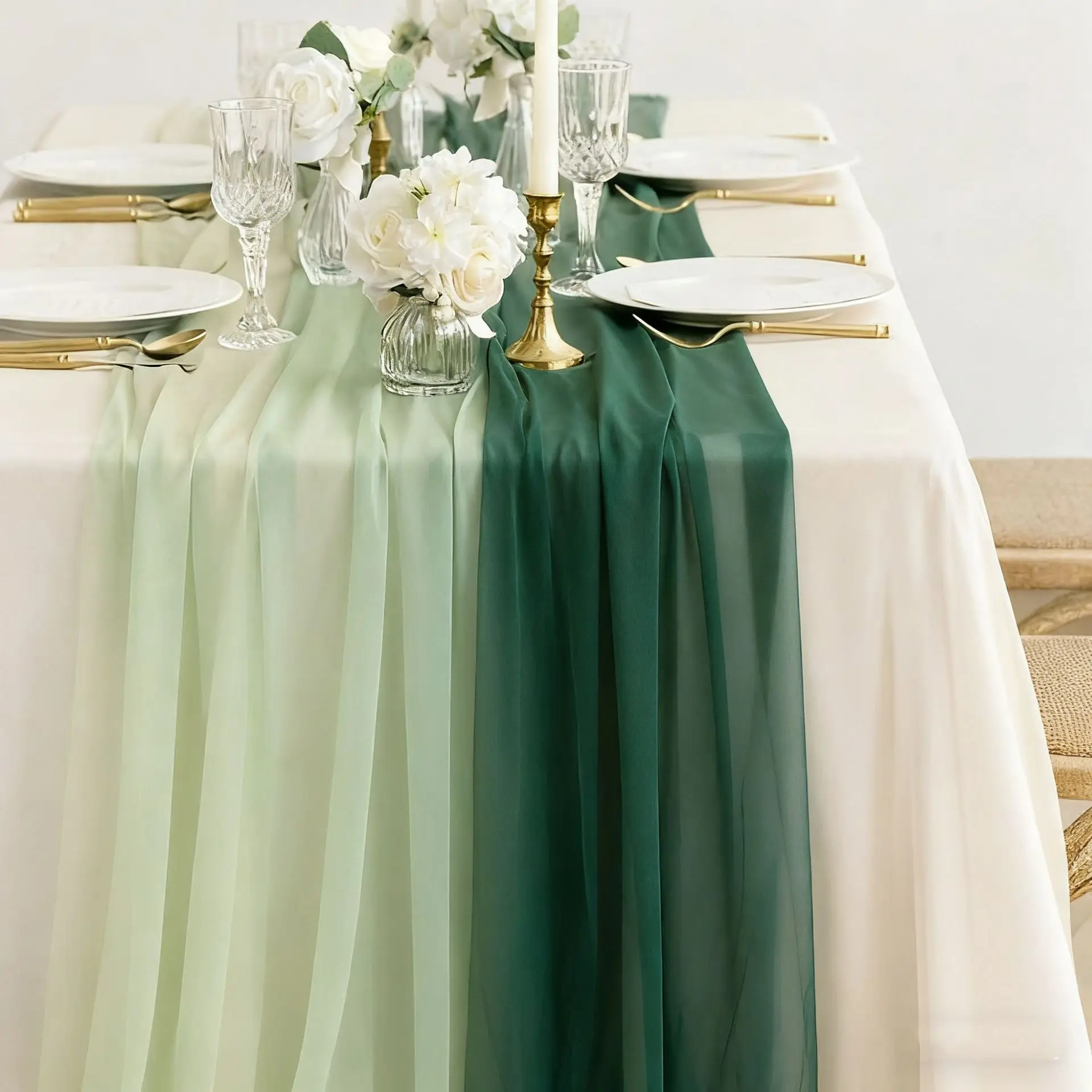 

Sage Green Chiffon Wedding Table Runner Table Setting Gauze Sheer Vintage Dining Birthday Party FestivalCake Table Decor