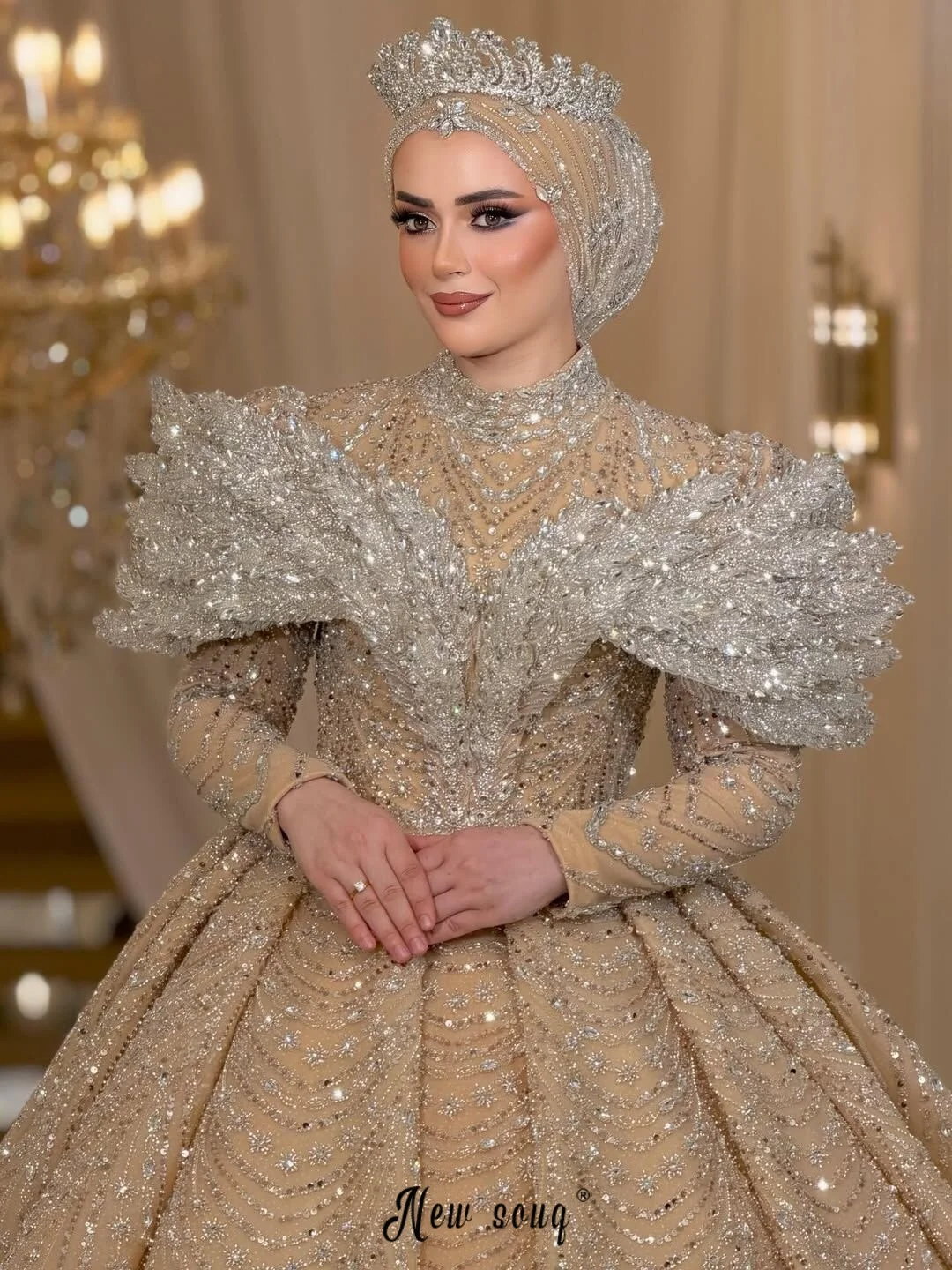 Plus Size Gold Luxury Wedding Dress Muslim Heavy Handmade Shiny Bridal Gowns Customized Beaded amanda novias vestido novia 2026 - view 2
