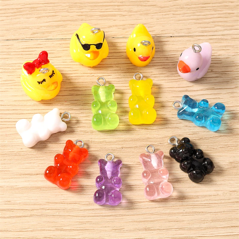 10 Stück niedliche, bonbonfarbene Harz-Tieranhänger in Form von Gummibärchen und Enten für die Schmuckherstellung, Ohrringe, Anhänger, Halsketten, DIY-Bastelbedarf – Detail 3