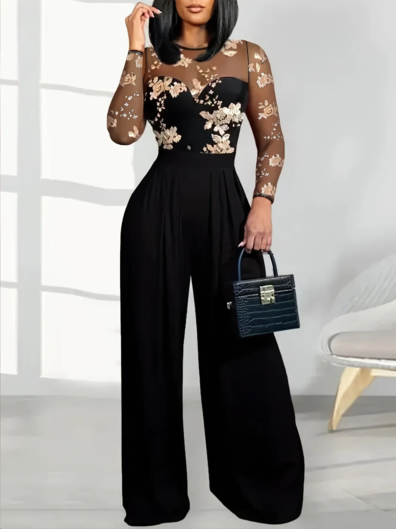 

Women's Black Jumpsuit with Sheer Floral Embroidered Top Wide Leg Design Ideal for Evening Galas Cocktail Parties Formal Events