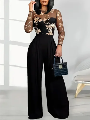 Mono negro para mujer con top bordado floral transparente Diseño de pierna ancha Ideal para fiestas de cócteles de gala de noche Eventos formales