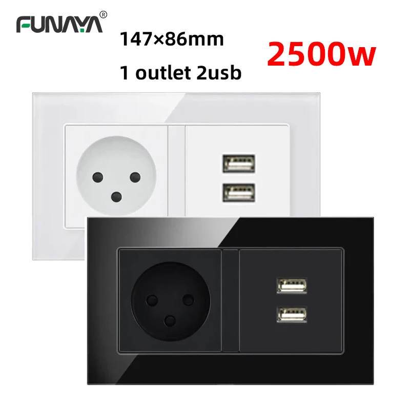 

16A Israel Wall Power Socket with USB 86 147 224mm 2500W Glass Pannel 250V Black White Gold 2 Way Office Home Israelites Sockets