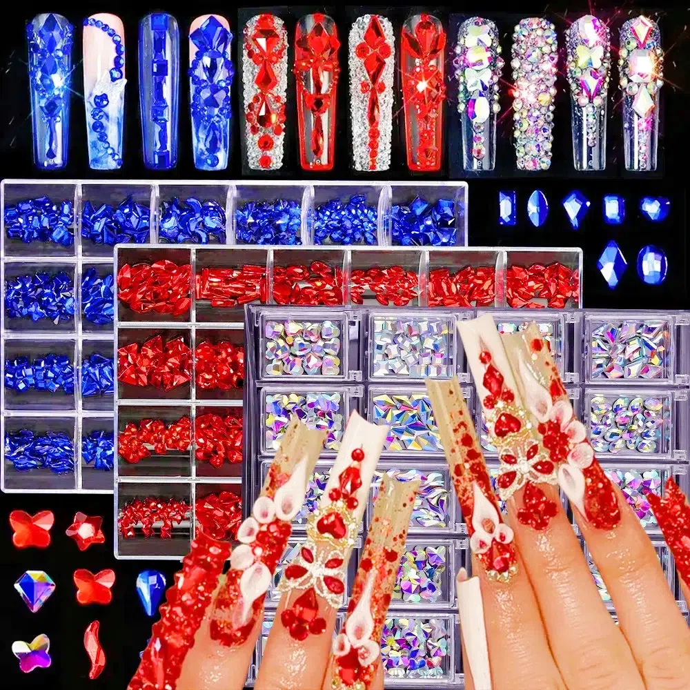 

480/400Pcs Shiny Glass Crystal Nail Rhinestones With Box Irregular Diamond Set Flatback Nails Jewelry Gems Parts For Manicure