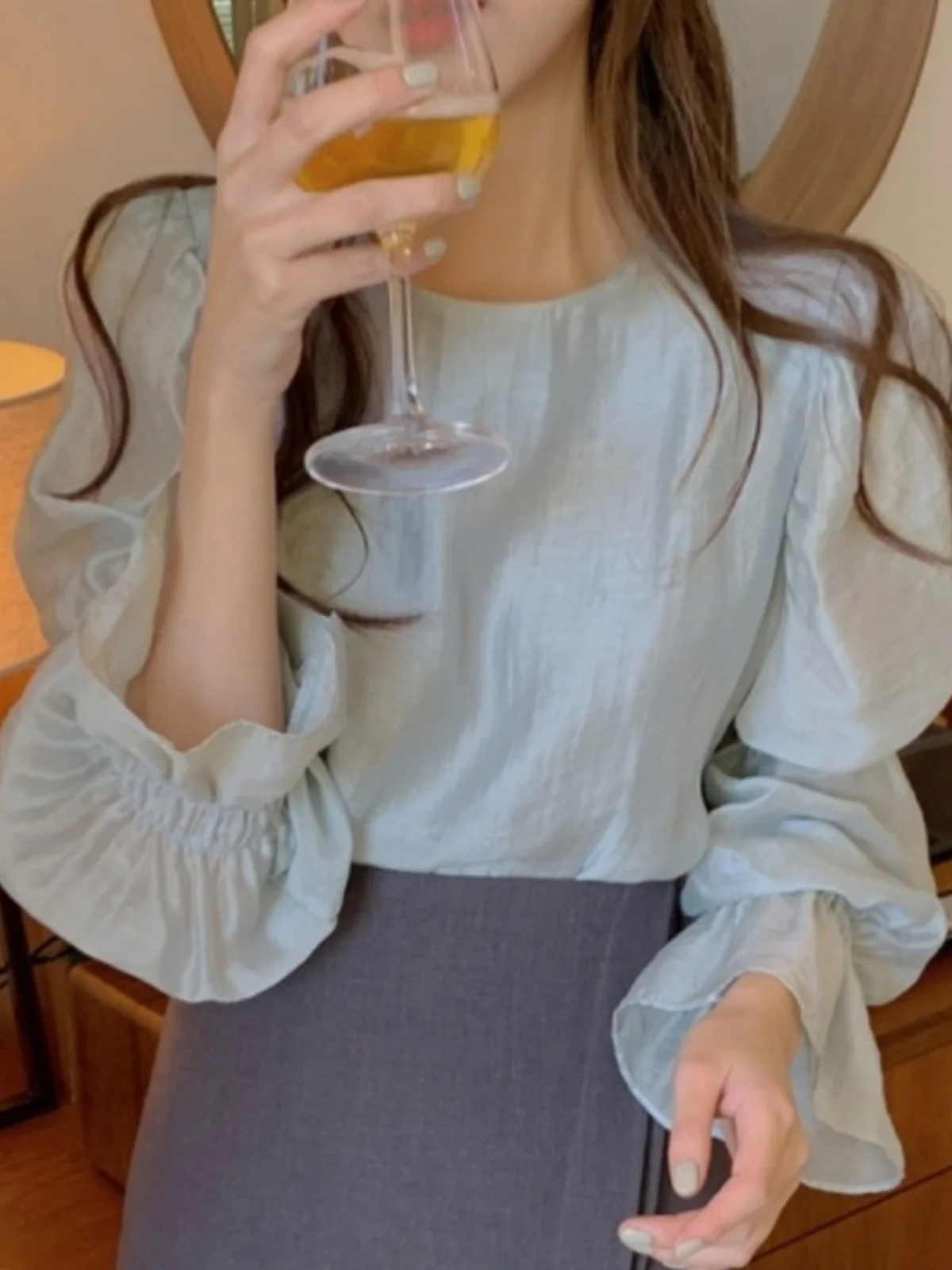 

Ele Chic Long Sve шифоновый круглый топ Ne Loose Fit Bell Sve Boting для женщин корейский Sle Commute Faion