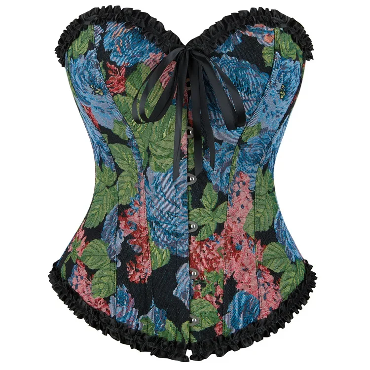 

Victorian Style Corset Top - Lace Up Overbust Bustier with Plastic Bones, Retro Floral Lingerie for Plus Size Women