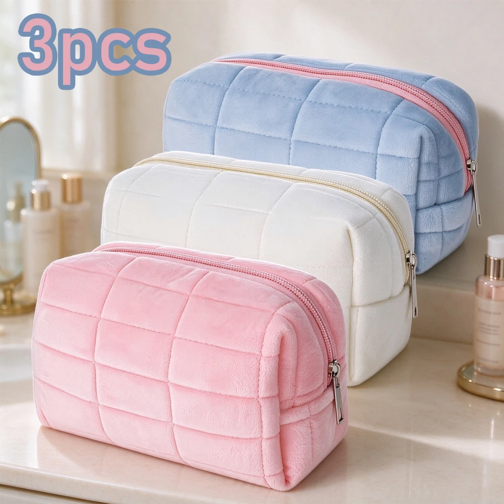 3-Piece Plush Makeup Bag Set, Checkered Makeup Bag, Large-Capacity Zippered Travel Toiletry Bag, Portable Multifunctional Storag