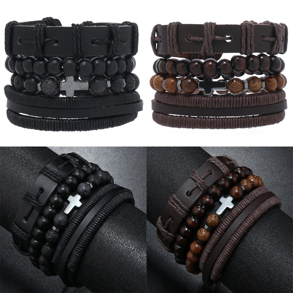 Lederarmband für Männer, schwarzes Steinkreuz, DIY, mehrschichtiges Armband-Set, handgewebte Straßenlederarmbänder
