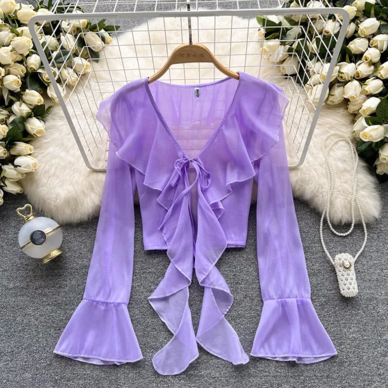 Fashion Patchwork Ruffles Chiffon Women's 2024 Summer Solid Color Butterfly Sleeve Short V-neck Cardigan Bandage Ponchos Coats