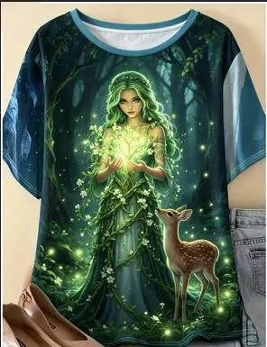 Women Short Sleeve T‑Shirt, Forest Magic Dryad Fairy And Deer Glowing Floral Print O‑Neck Casual Summer Graphic Tee