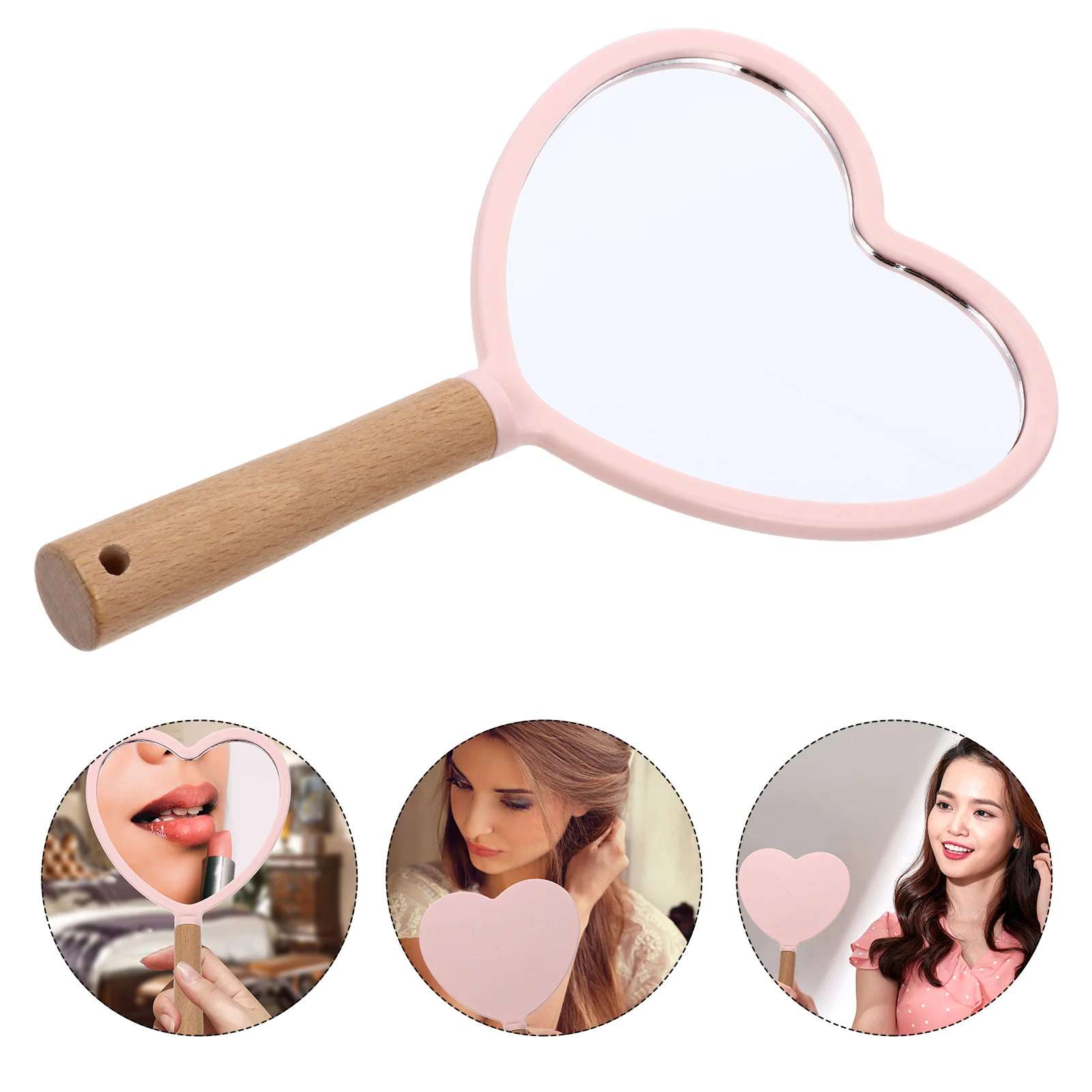 Espejo de maquillaje con mango de madera y diseño de corazón, espejo portátil para mujer, superficie reflectante HD ligera y compacta, color rosa