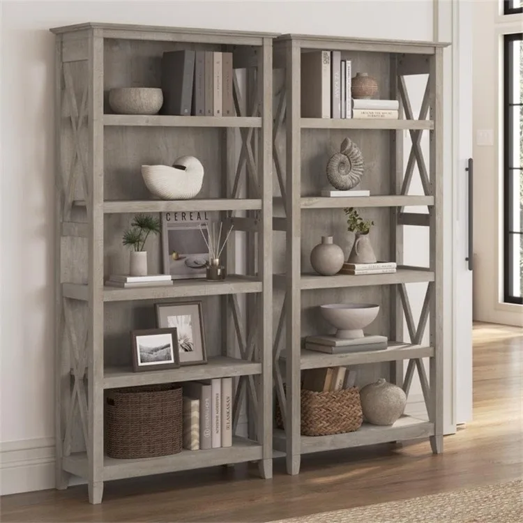 West 5 Shelf Bookcase - Set of 2 Tall Bookshelves in Washed Gray Sturdy Display Shelves for Library, Living Room, and Home