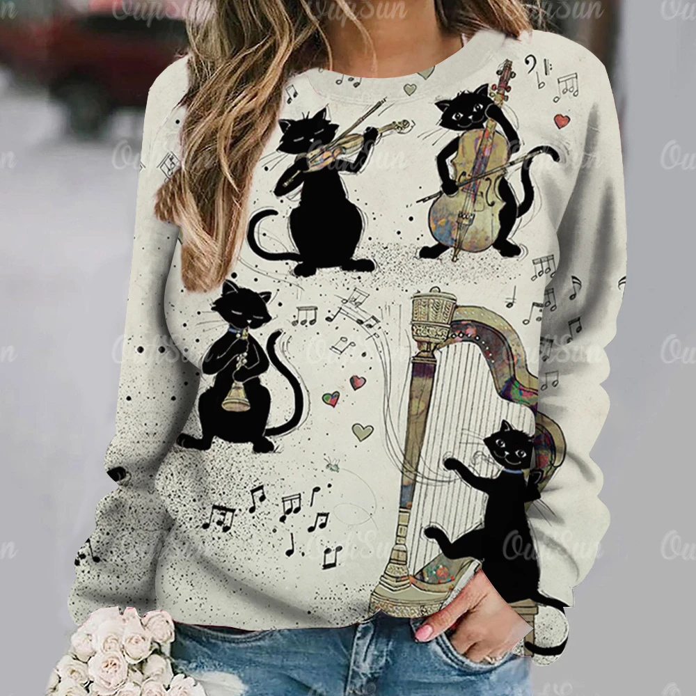 Anime Cat Pattern T Shirt For Women Autumn Round Neck Pullover Casual Long Sleeve Tops Female Oversized Daily Ladies Clothing