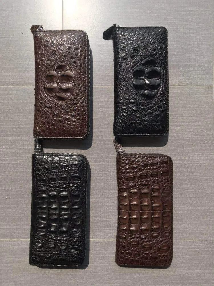 Mens Genuine Leather Long Wallet Business Casual Crocodile Leather Clutch Bag Zipper Solid Color Vintage Men Card Holder Purse