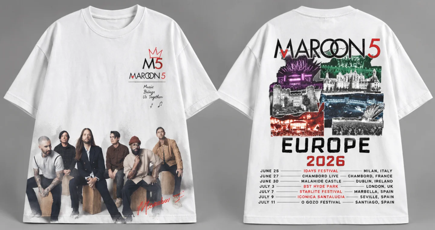 Maroon 5 Band Europe 2026 Tour Unisex Washed T-Shirt, Front & Back 3D Print, Y2K Street Casual Vintage Rock Short Sleeve Tee