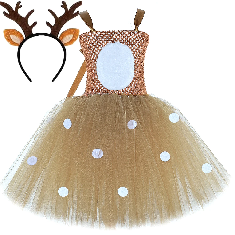 

Коричневые костюмы пятнистого оленя для маленьких девочек, рождественское платье-пачка с пятнистым оленем для детей, рождественский новогодний наряд, подарок с рогами и бантом