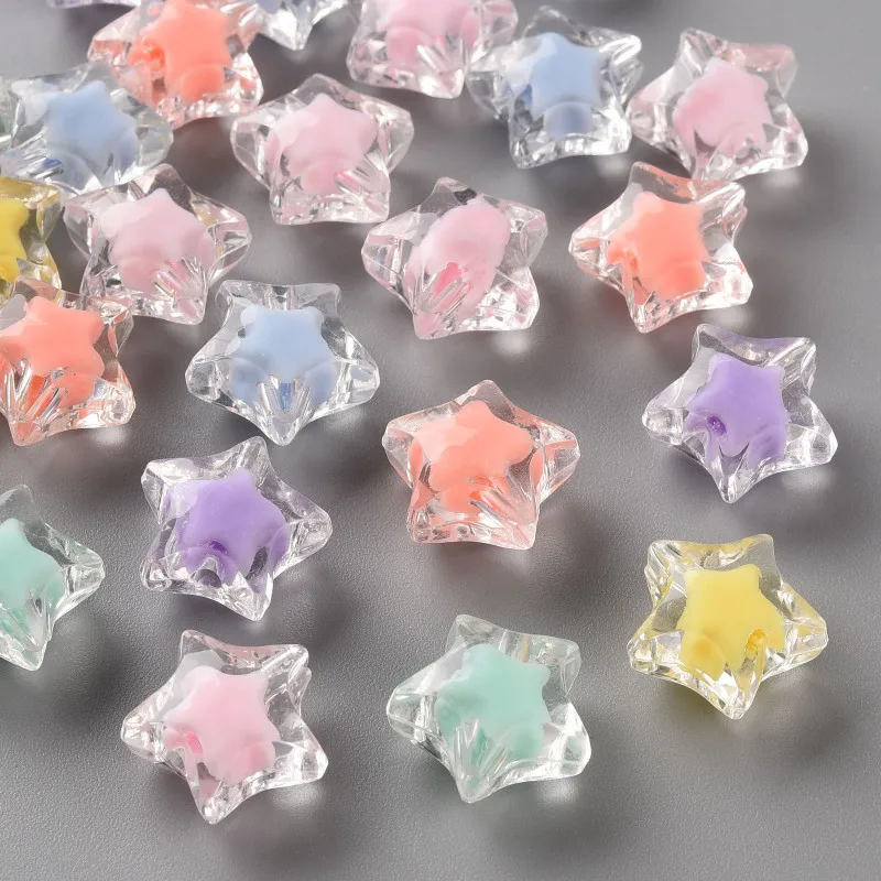 50 szt. Przezroczystych koralików akrylowych Koralik w koraliku Fasetowana gwiazda Mieszany kolor 14x15x8,5 mm Otwór: 2 mm